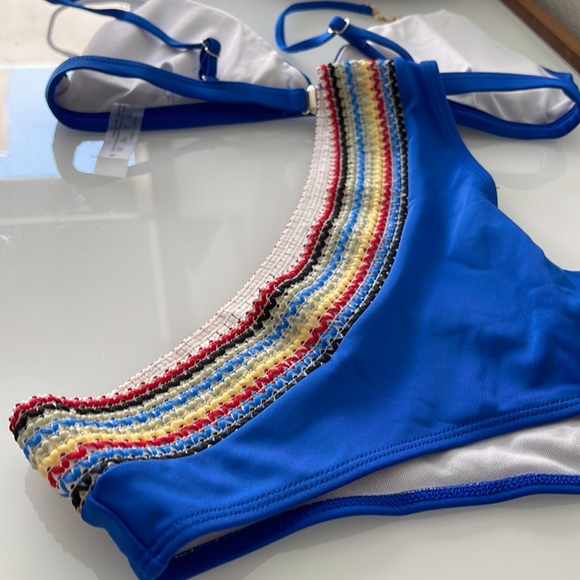 Royal Cobalt Blue Contrast Trim Triangle Bikini Chain Link Straps Size M - Picture 15 of 15